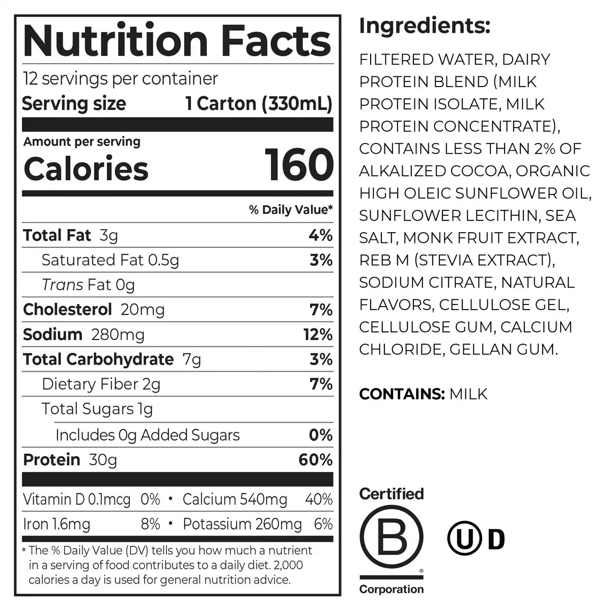 Nutrition Facts and List of ingredients for 30g protein shake chocolate fudge flavor