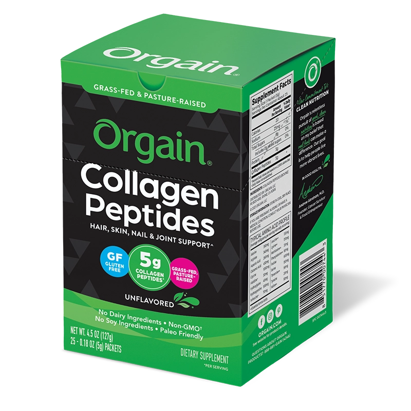 Angled Left side of Grass Fed Pasture Raised Collagen Peptides 25 Ct Stick Pack Unflavored Flavor in the 25 Ct Single-Serve Stick Pack Size