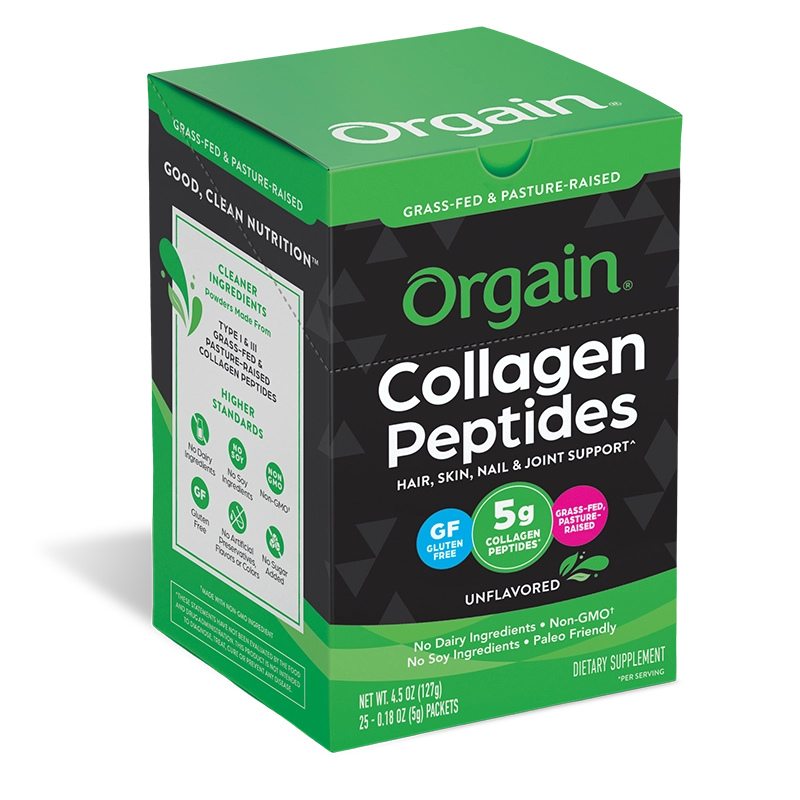 Angled Right side of Grass Fed Pasture Raised Collagen Peptides 25 Ct Stick Pack Unflavored Flavor in the 25 Ct Single-Serve Stick Pack Size