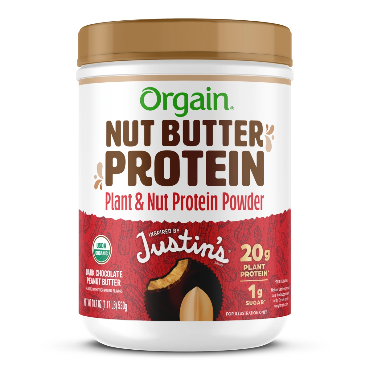 Front of Orgain Nut Butter Protein Plant & Nut Protein Powder in the dark chocolate peanut butter flavor