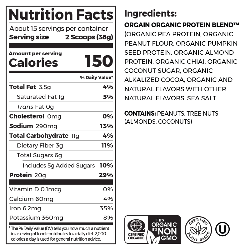 Nutrition fact panel and list of ingredients of Simple Organic Plant-Based Protein Powder Creamy Chocolate Flavor in the 1.25lb Canister Size