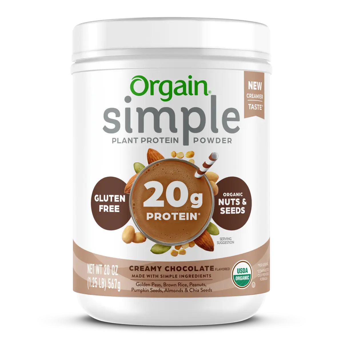 Front of Simple Organic Plant-Based Protein Powder Creamy Chocolate Flavor in the 1.25lb Canister Size