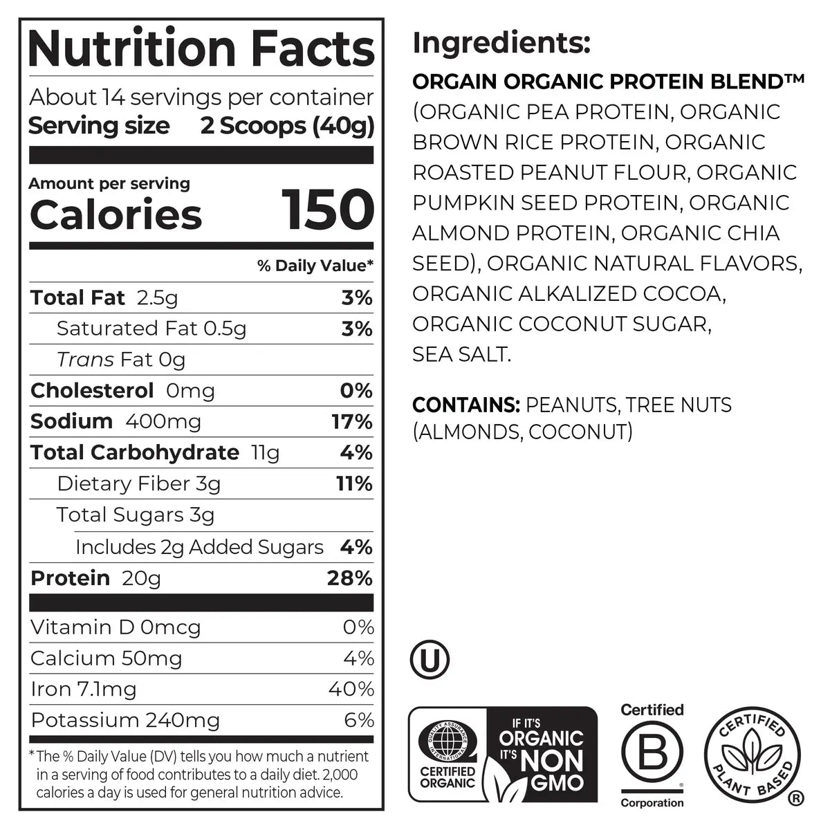 Nutrition fact panel and list of ingredients of Simple Organic Plant-Based Protein Powder Creamy Chocolate Flavor in the 1.25lb Canister Size