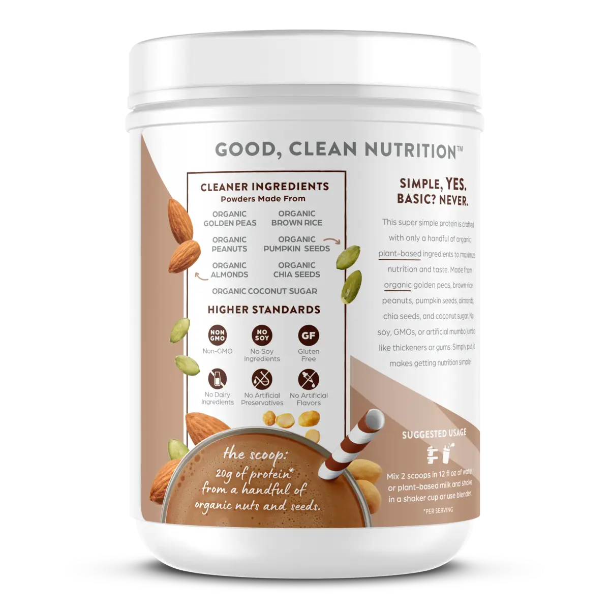 Left side of Simple Organic Plant-Based Protein Powder Creamy Chocolate Flavor in the 1.25lb Canister Size