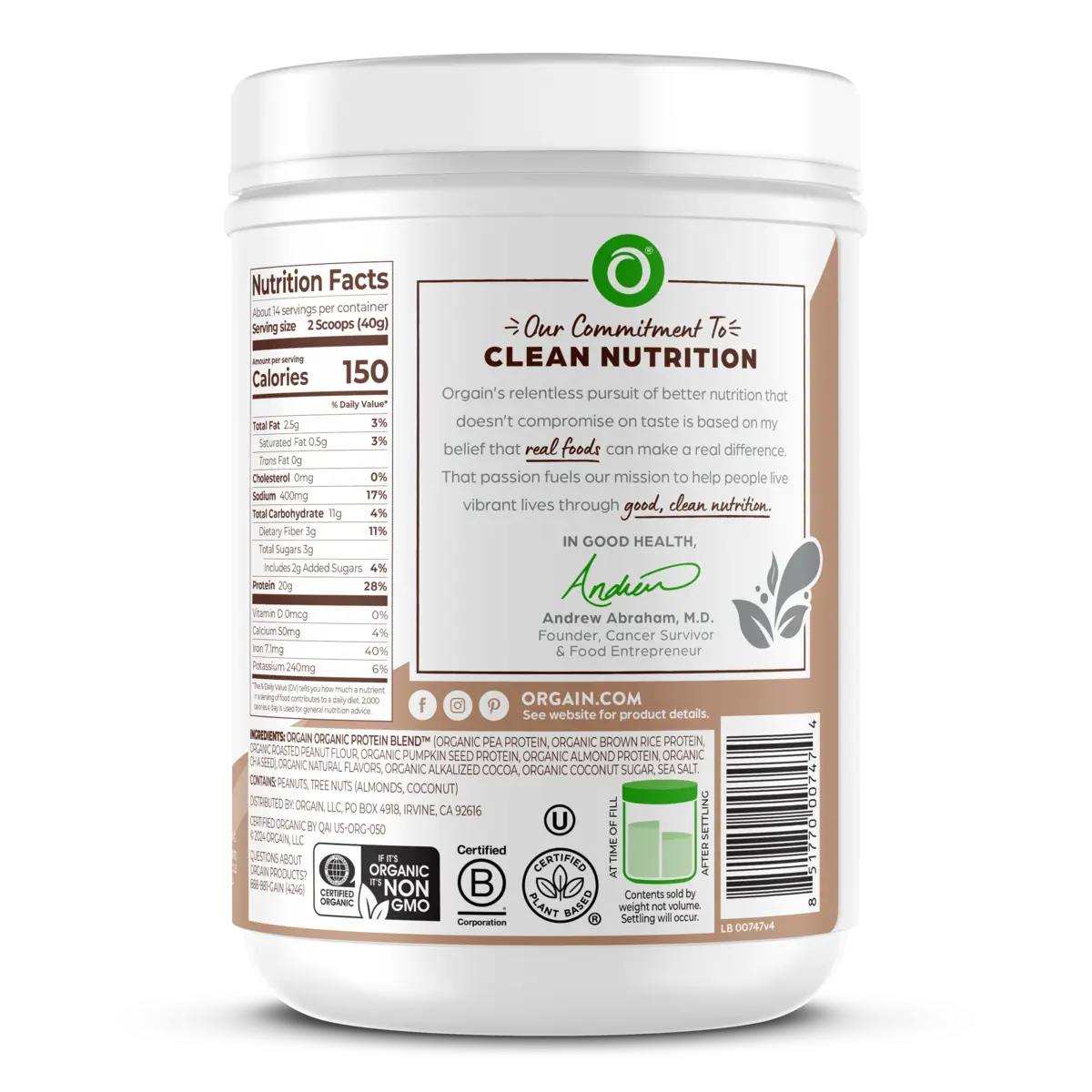 Right side of Simple Organic Plant-Based Protein Powder Creamy Chocolate Flavor in the 1.25lb Canister Size