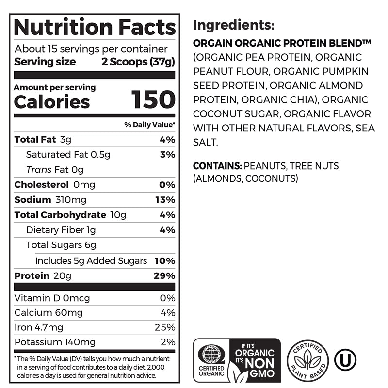 Nutrition fact panel and list of ingredients of Simple Organic Plant-Based Protein Powder - Creamy Vanilla  Flavor in the 1.25lb Canister Size