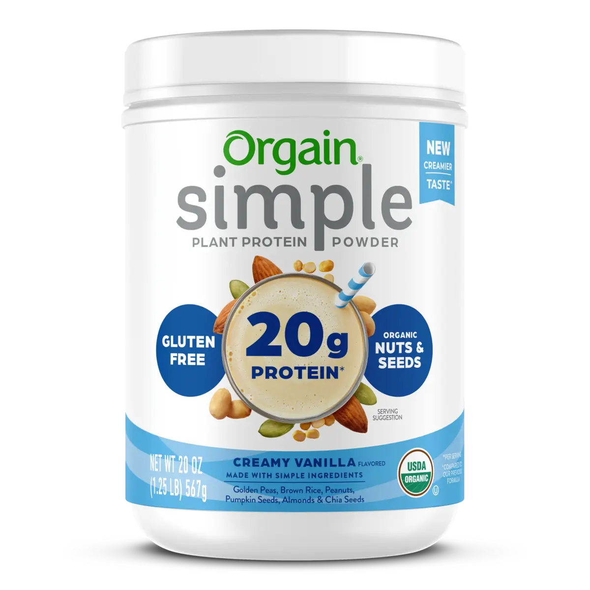 Front of Simple Organic Plant-Based Protein Powder - Creamy Vanilla  Flavor in the 1.25lb Canister Size