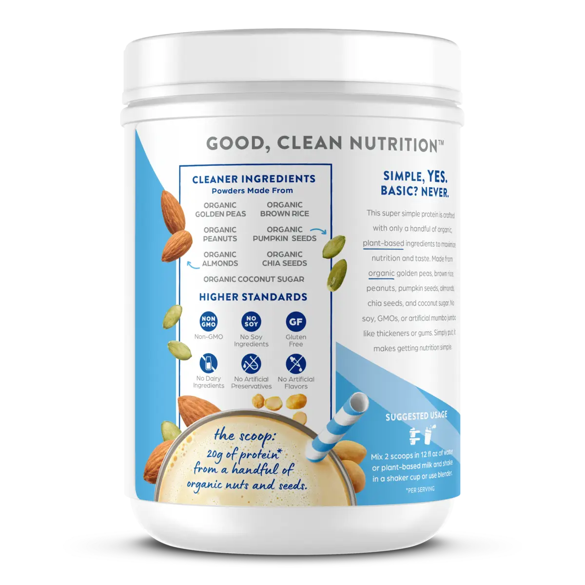 Left side of Simple Organic Plant-Based Protein Powder - Creamy Vanilla  Flavor in the 1.25lb Canister Size