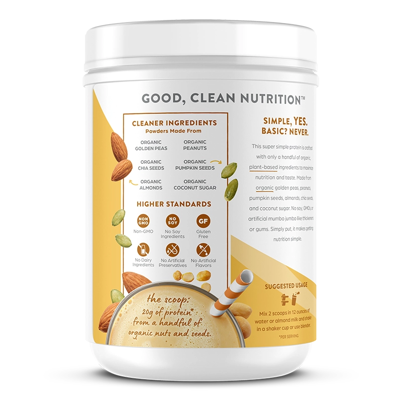 Left side of Simple Organic Plant-Based Protein Powder - Peanut Butter  Flavor in the 1.25lb Canister Size