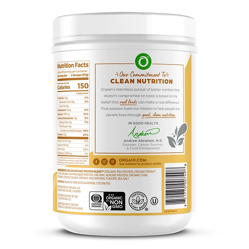 Right side of Simple Organic Plant-Based Protein Powder - Peanut Butter  Flavor in the 1.25lb Canister Size