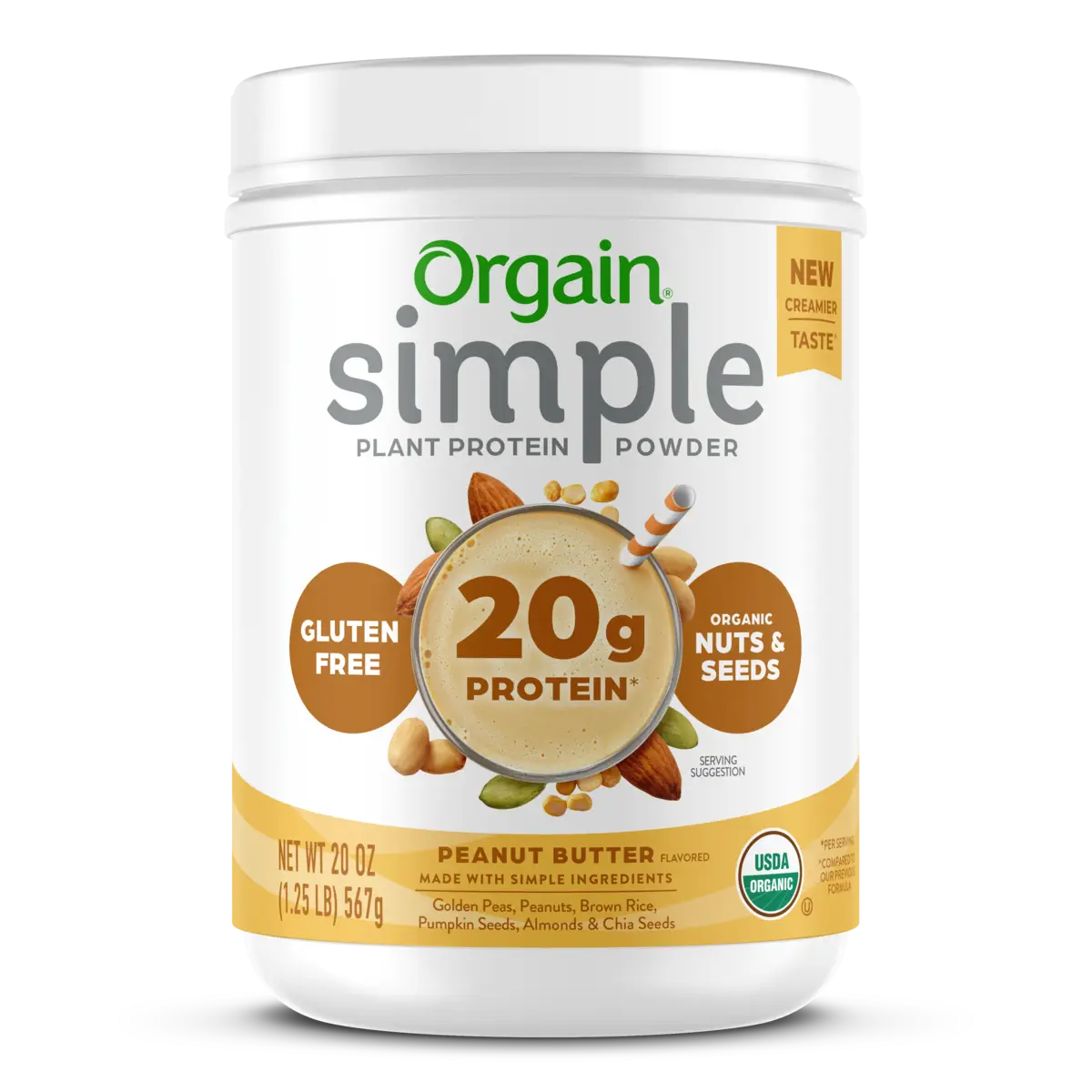 Front of Simple Organic Plant-Based Protein Powder - Peanut Butter  Flavor in the 1.25lb Canister Size