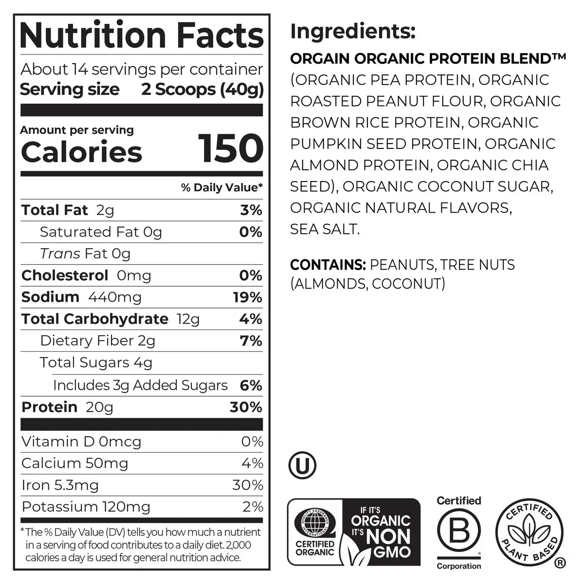 Nutrition fact panel and list of ingredients of Simple Organic Plant-Based Protein Powder - Peanut Butter  Flavor in the 1.25lb Canister Size