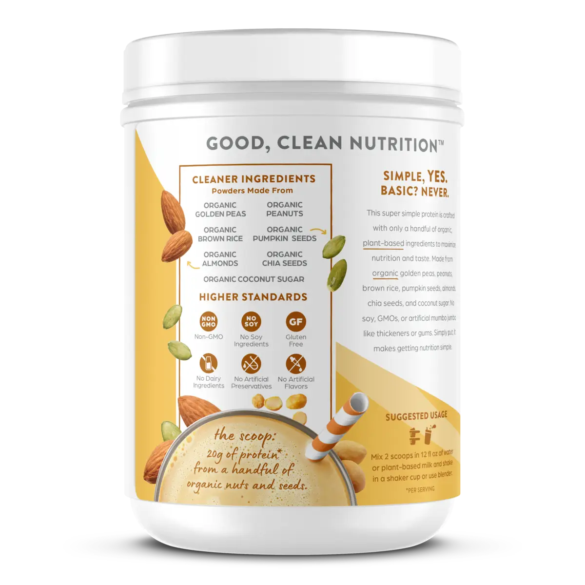 Left side of Simple Organic Plant-Based Protein Powder - Peanut Butter  Flavor in the 1.25lb Canister Size