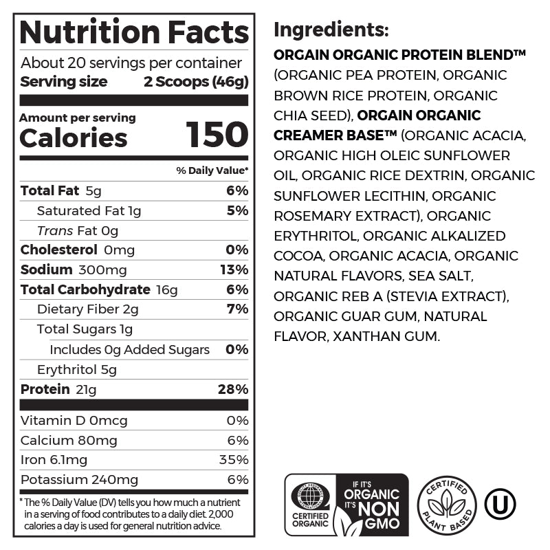 Nutrition fact panel and list of ingredients of Organic Protein Plant Based Protein Powder - Chocolate Coconut  Flavor in the 2.03lb Canister Size
