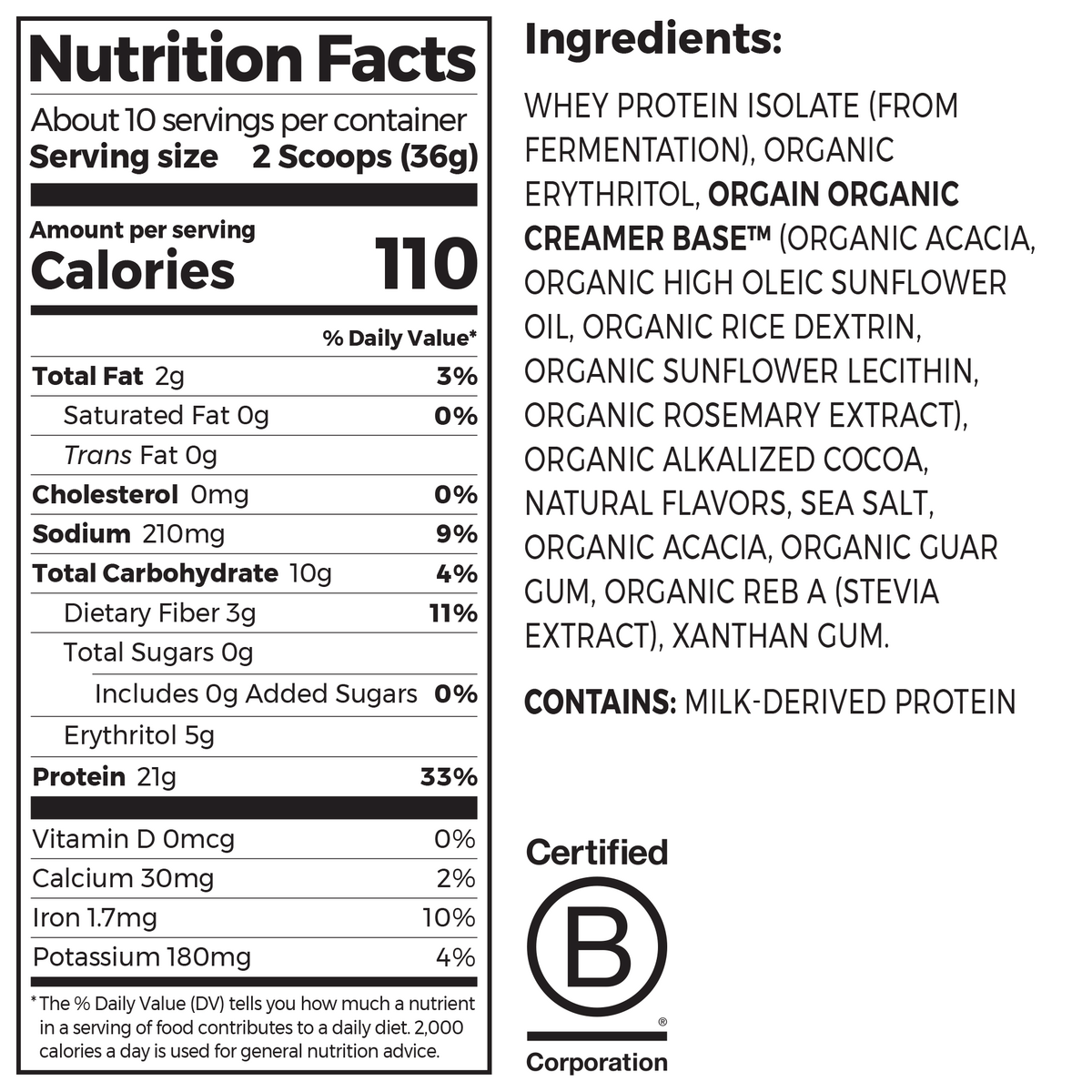 Nutrition fact panel and list of ingredients of Better Whey Protein Powder Creamy Chocolate Fudge Flavor in the 13.3 oz Size