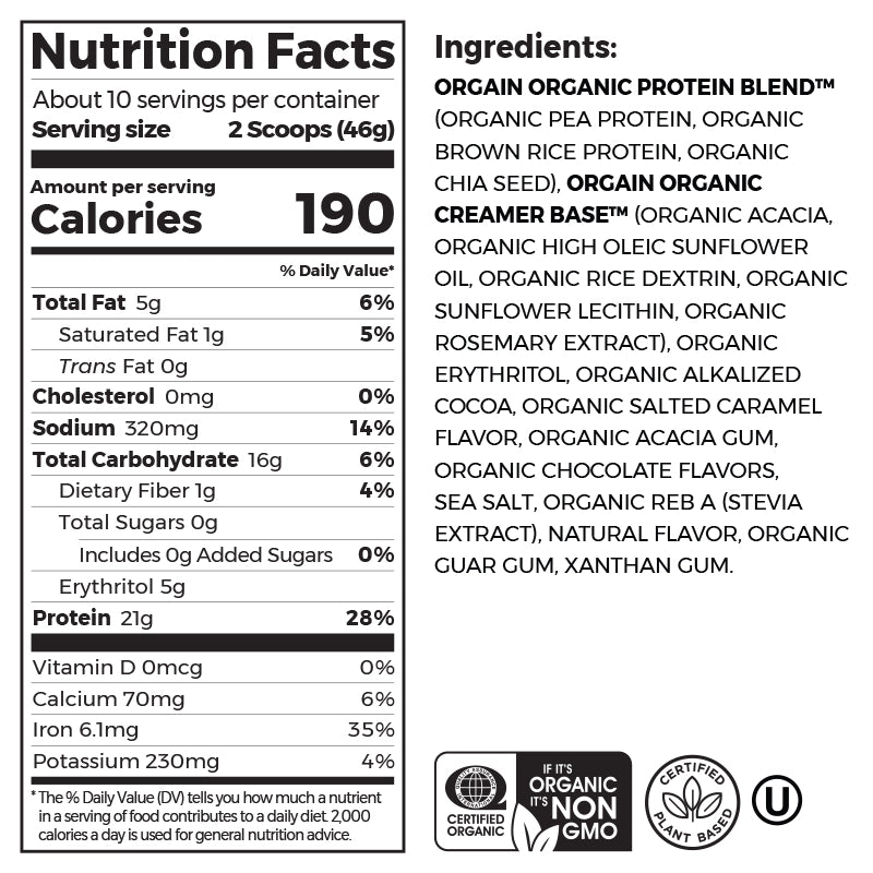Nutrition fact panel and list of ingredients of Organic Protein Plant Based Protein Powder - Chocolate Caramel Sea Salt  Flavor in the 1.02lb Canister Size