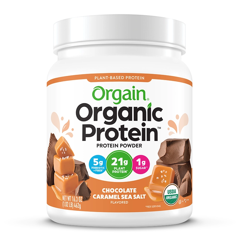 Front of Organic Protein Plant Based Protein Powder - Chocolate Caramel Sea Salt  Flavor in the 1.02lb Canister Size
