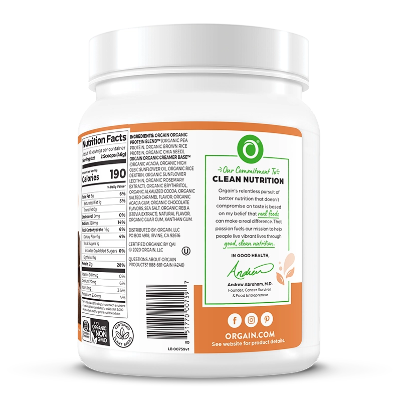 Right side of Organic Protein Plant Based Protein Powder - Chocolate Caramel Sea Salt  Flavor in the 1.02lb Canister Size