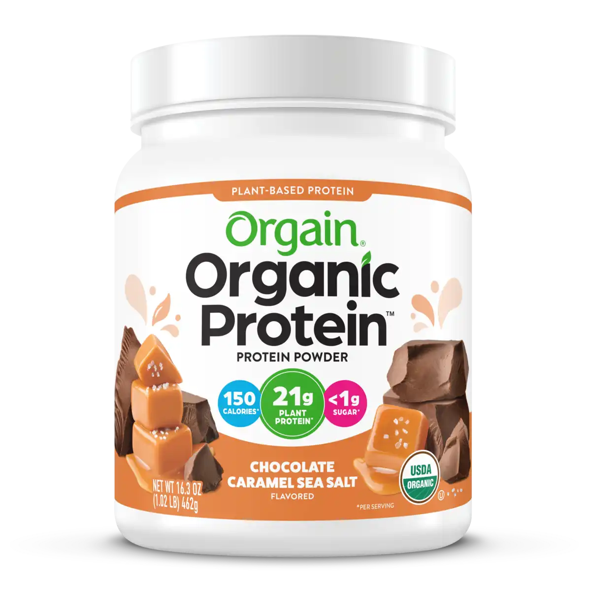 Front of Organic Protein Plant Based Protein Powder - Chocolate Caramel Sea Salt  Flavor in the 1.02lb Canister Size