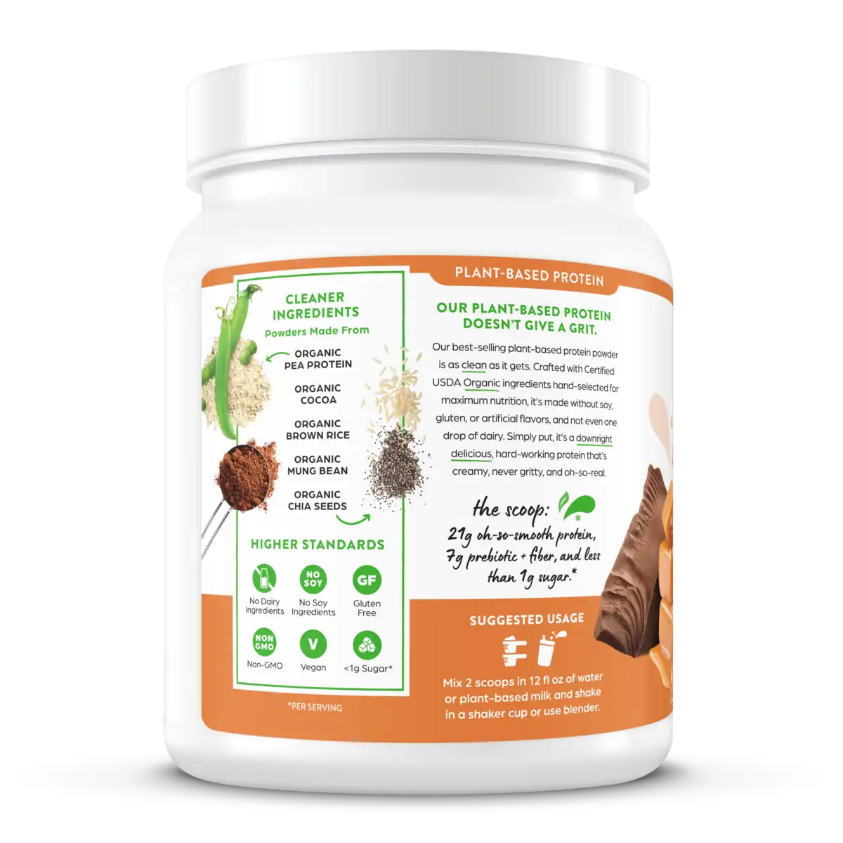 Left side of Organic Protein Plant Based Protein Powder - Chocolate Caramel Sea Salt  Flavor in the 1.02lb Canister Size
