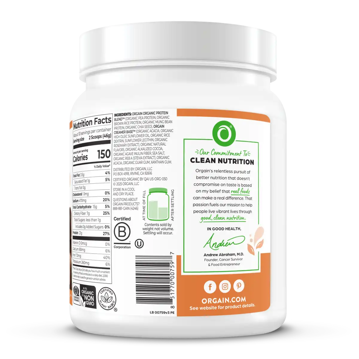 Right side of Organic Protein Plant Based Protein Powder - Chocolate Caramel Sea Salt  Flavor in the 1.02lb Canister Size