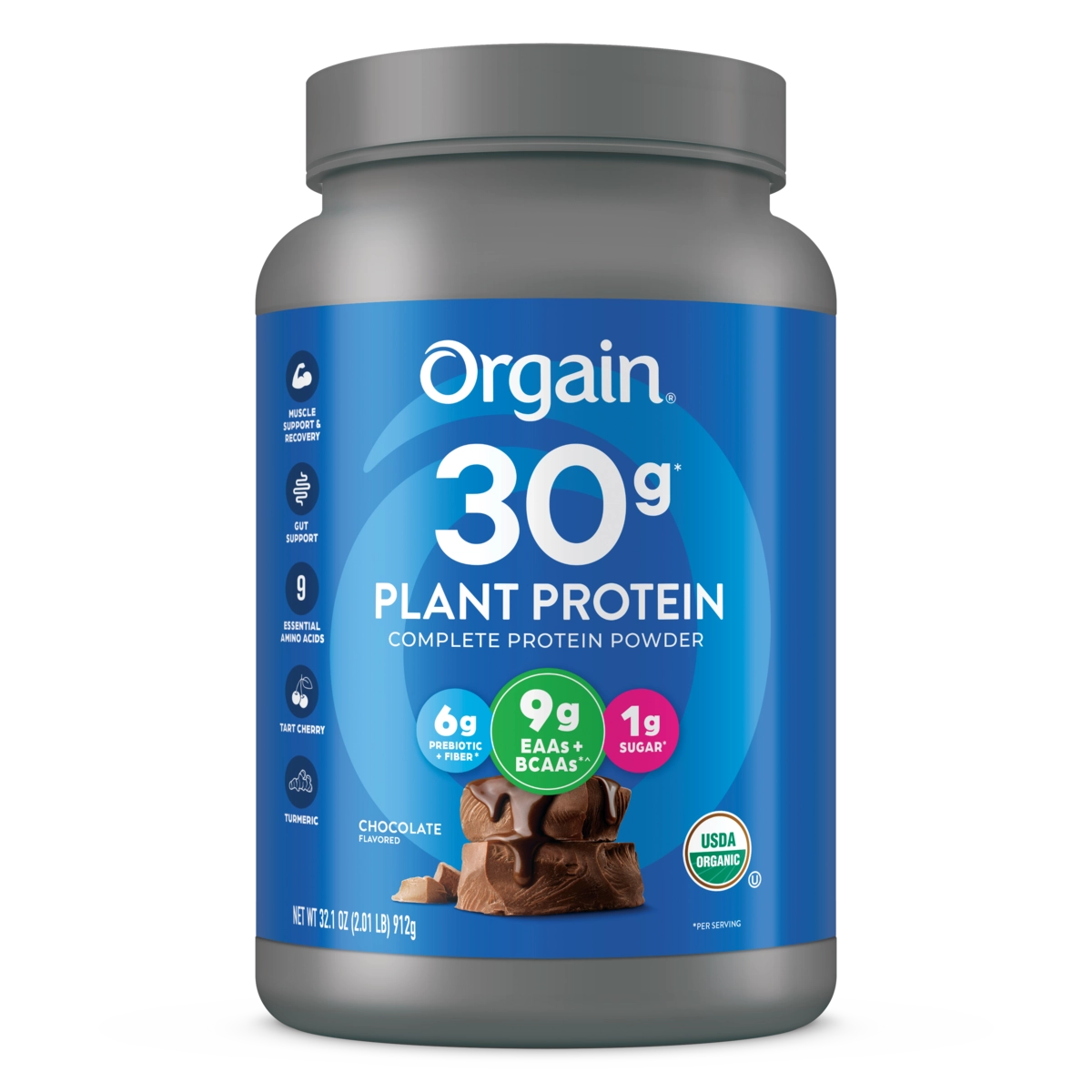 Front of 30g plant protein complete protein Powder Chocolate Flavor in the 2.01lb Canister Size