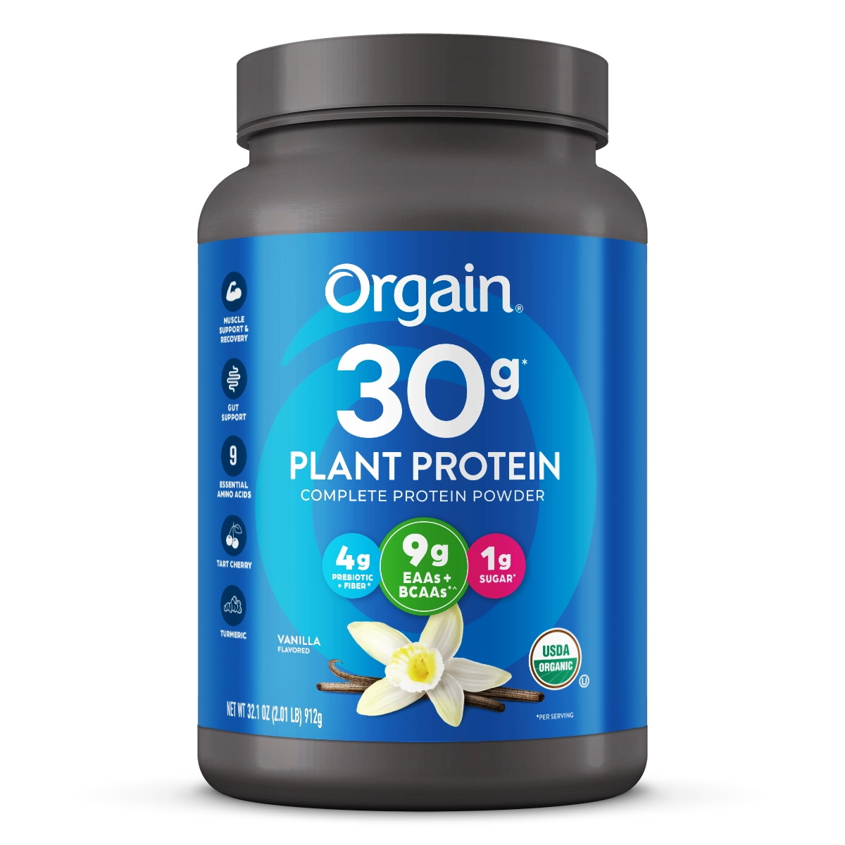 Front of 30g plant protein complete protein Powder Vanilla Flavor in the 2.01lb Canister Size