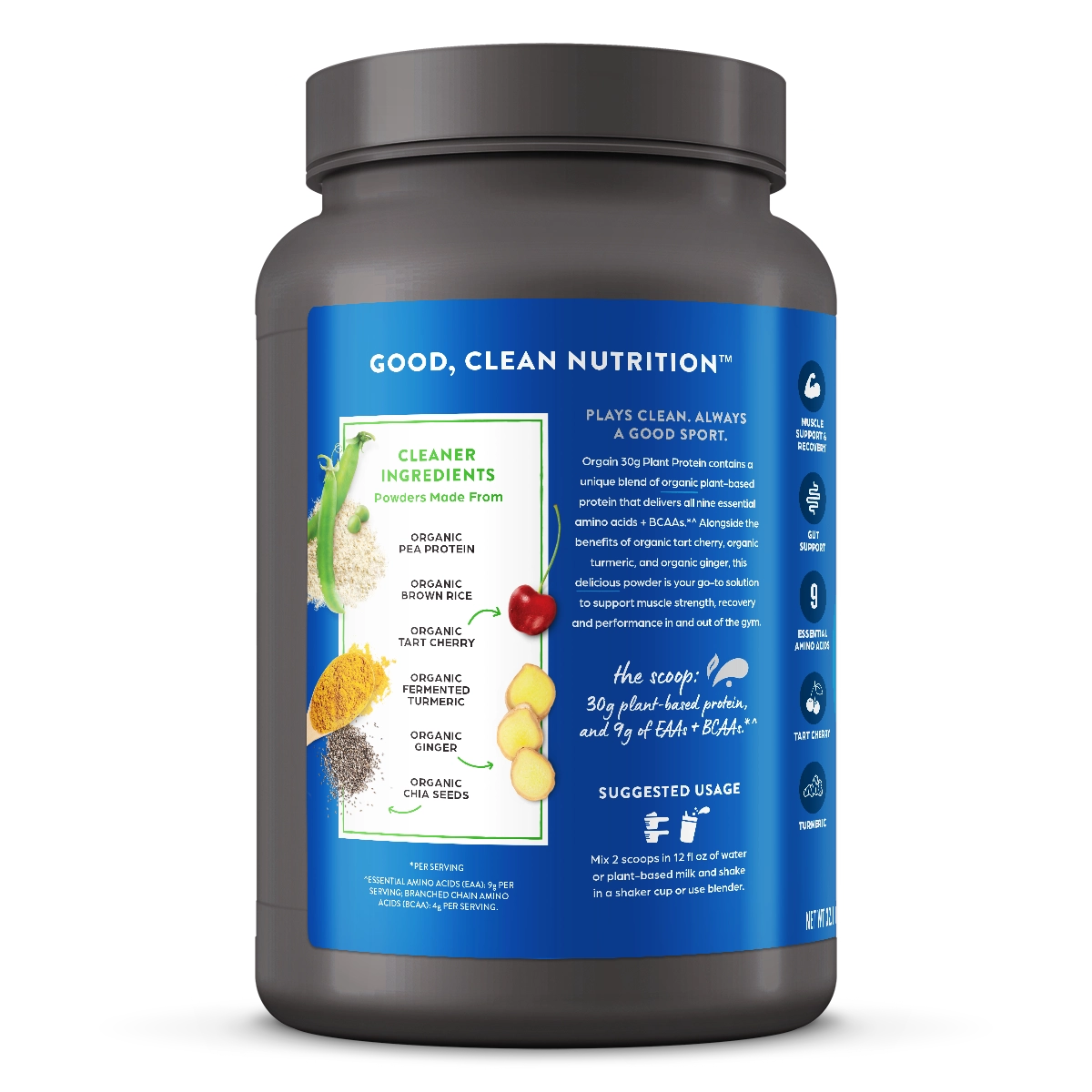 Left side of 30g plant protein complete protein Powder Vanilla Flavor in the 2.01lb Canister Size