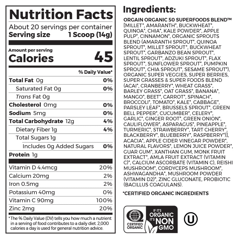 Nutrition fact panel and list of ingredients of Superfoods + Immunity Up! Powder Honeycrisp Apple Flavor in the 9.9oz Canister Size
