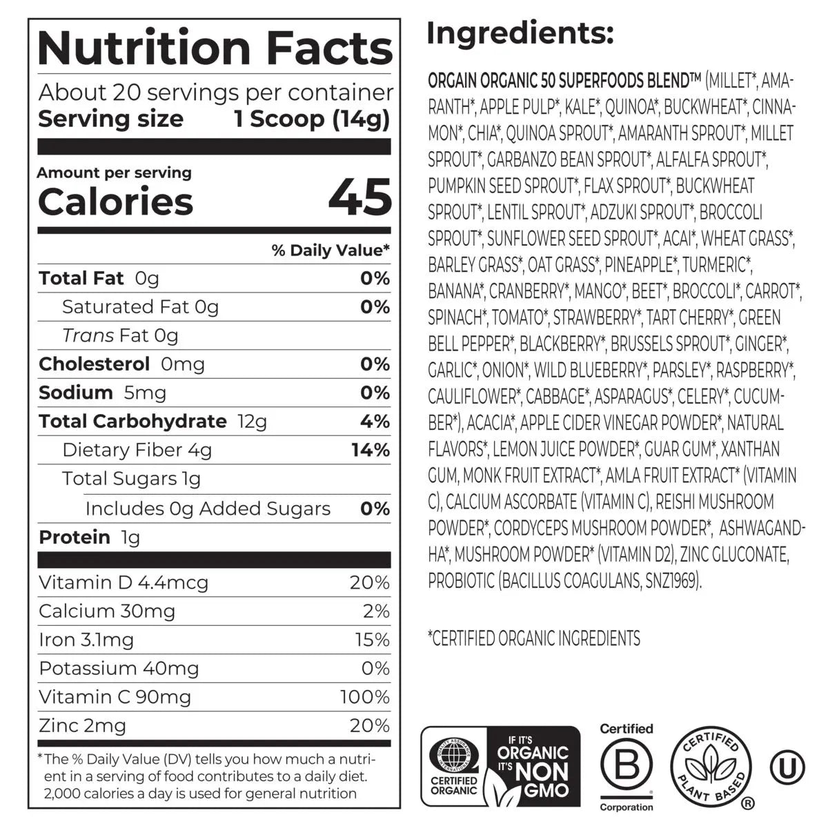 Nutrition fact panel for Superfoods + Immunity Up! Powder Honeycrisp Apple Flavor in the 9.9oz Canister Size