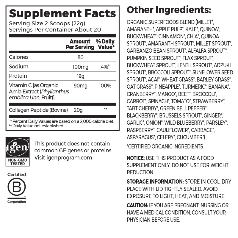 Nutrition fact panel and list of ingredients of Grass-Fed Pasture Raised Collagen Peptides + Superfoods Powder Unflavored Flavor in the 1lb Canister Size