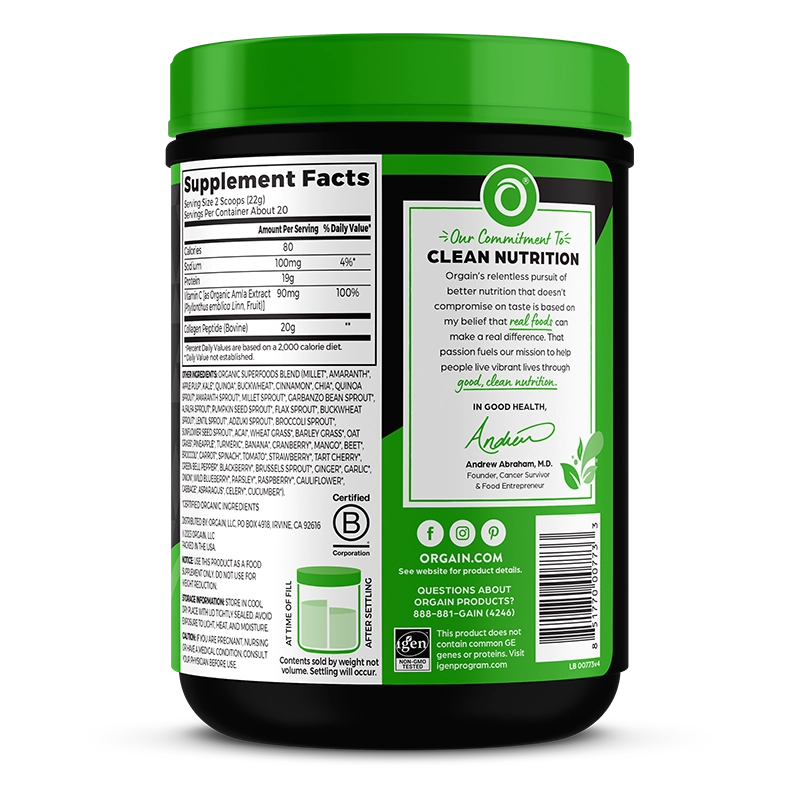 Right side of Grass-Fed Pasture Raised Collagen Peptides + Superfoods Powder Unflavored Flavor in the 1lb Canister Size