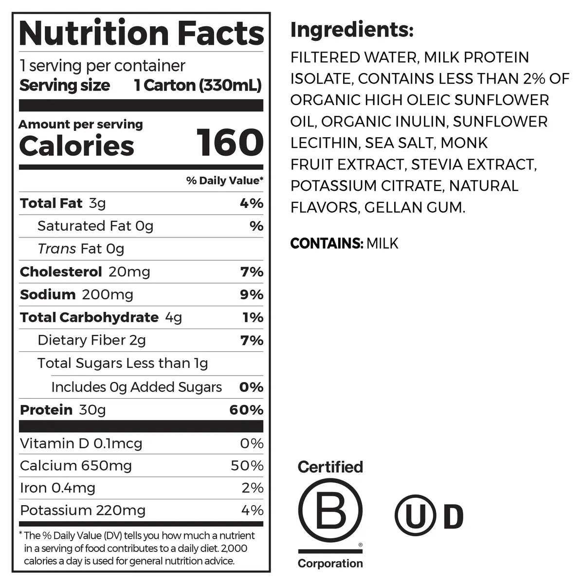 Nutrition Fact Panel and List of Ingredients for 30 protein shake fruity cereal