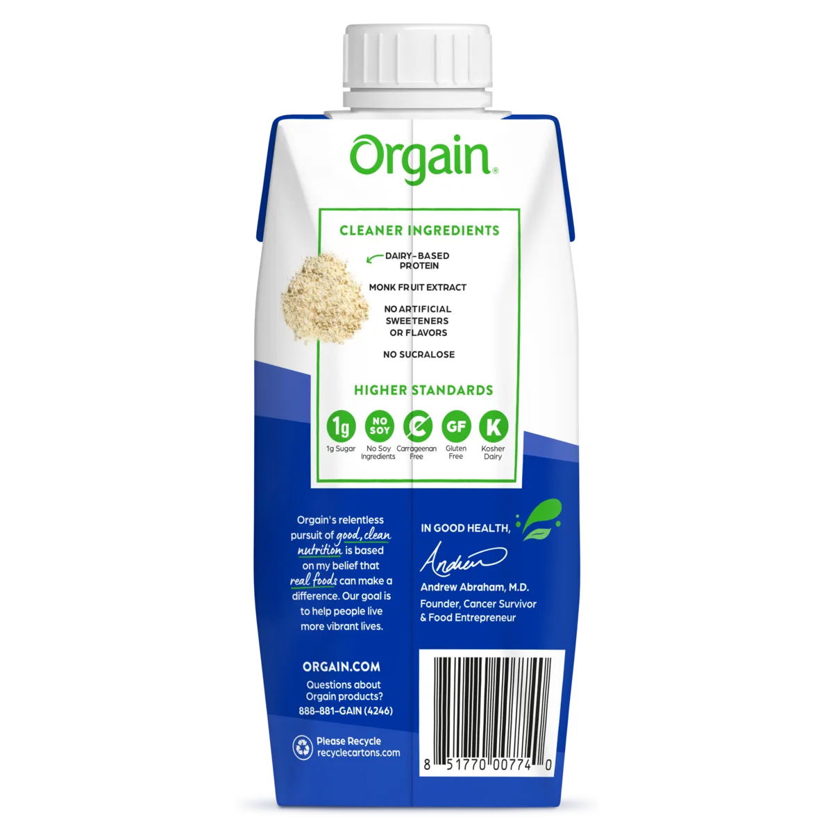 Back of Orgain 30g protein shake fruity cereal single shake