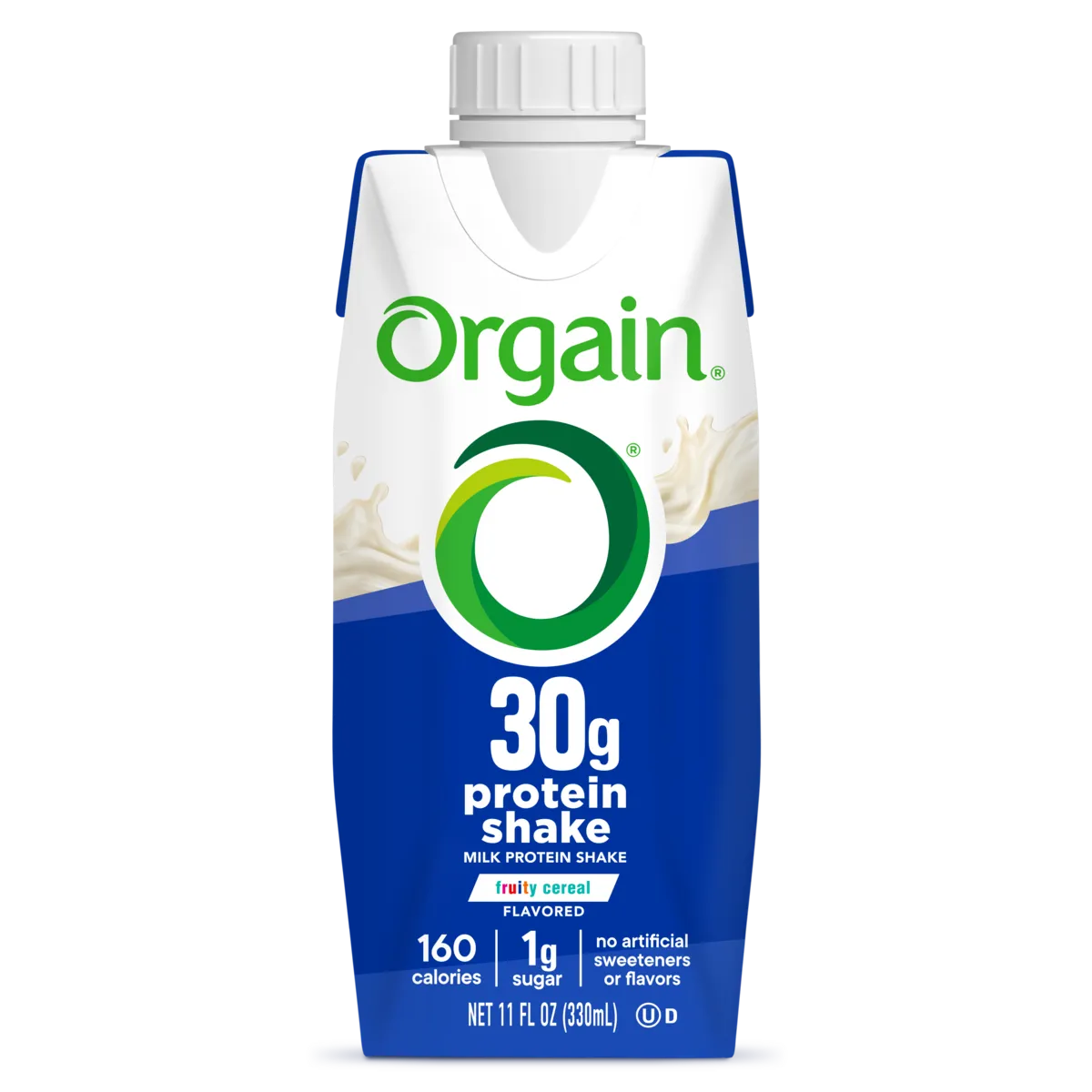 Front of Orgain 30g protein shake fruity cereal single shake
