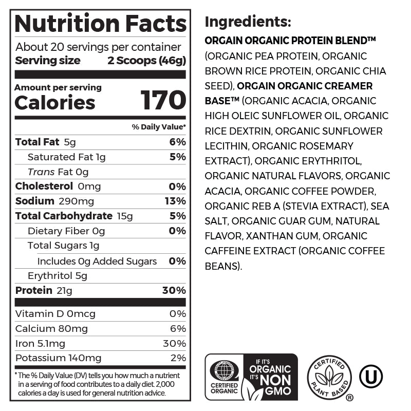 Nutrition fact panel and list of ingredients of Organic Protein Plant Based Protein Powder - Iced Coffee  Flavor in the 2.03lb Canister Size