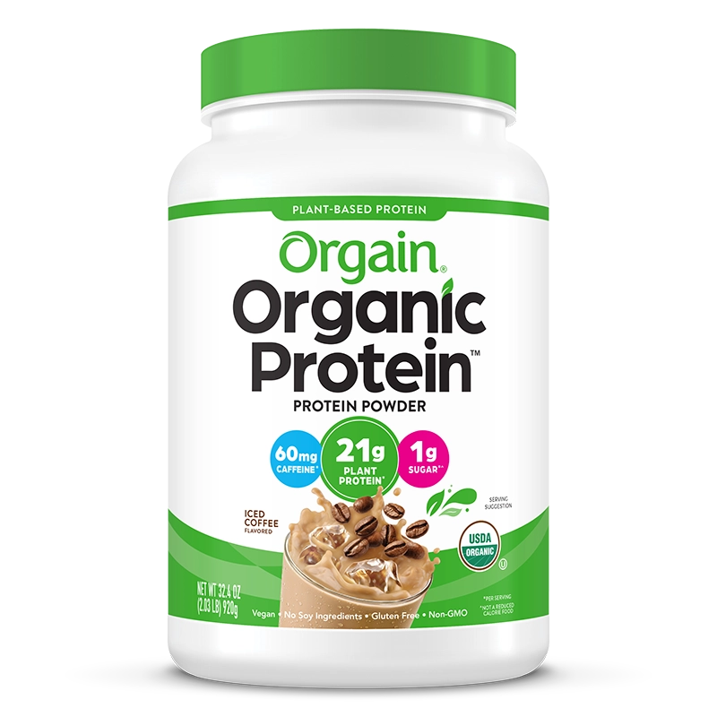 Front of Organic Protein Plant Based Protein Powder - Iced Coffee  Flavor in the 2.03lb Canister Size