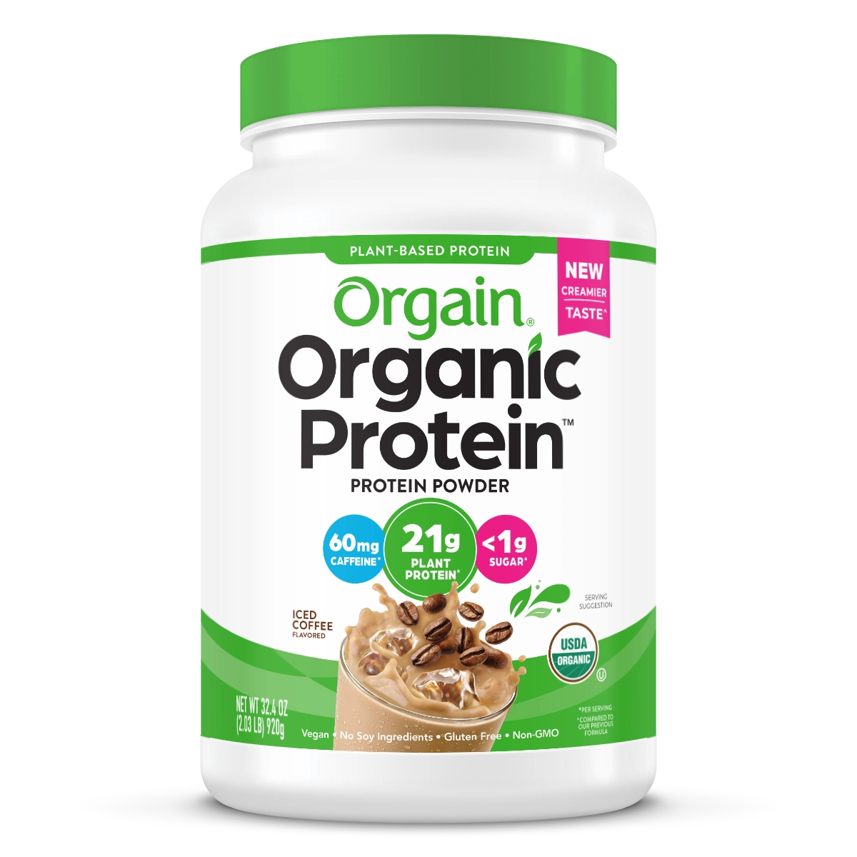 Front of Organic Protein Plant Based Protein Powder - Iced Coffee  Flavor in the 2.03lb Canister Size