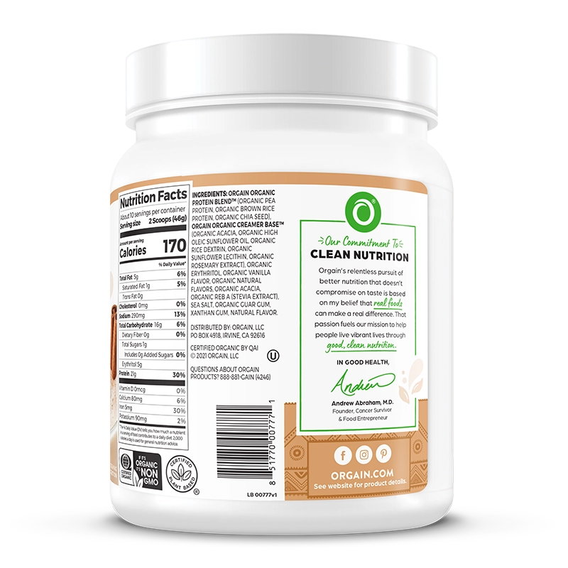 Right side of Organic Protein Plant Based Protein Powder - Vanilla Horchata  Flavor in the 1.02lb Canister Size