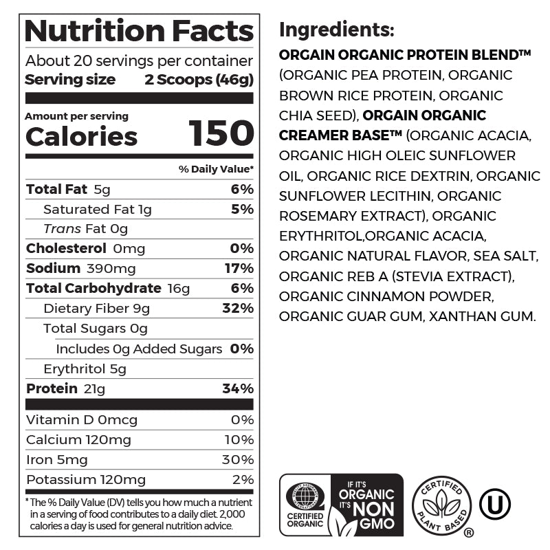 Nutrition fact panel and list of ingredients of Organic Protein Plant Based Protein Powder - Horchata  Flavor in the 2.03lb canister Size