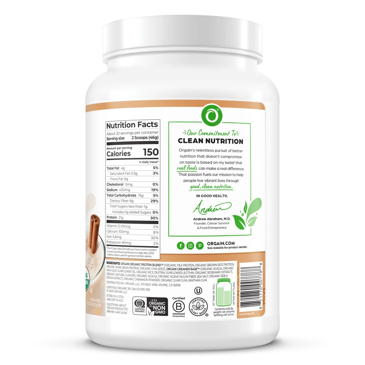 Right side of Organic Protein Plant Based Protein Powder - Horchata  Flavor in the 2.03lb canister Size