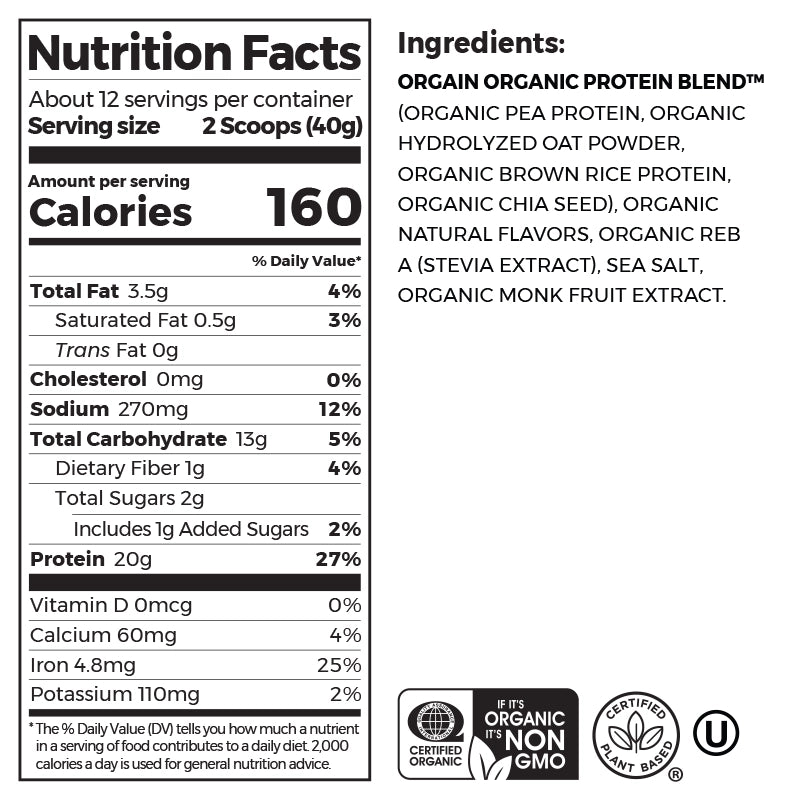 Nutrition fact panel and list of ingredients of Organic Protein + Oatmilk Plant Based Protein Powder - Vanilla  Flavor in the 1.05lb Canister Size