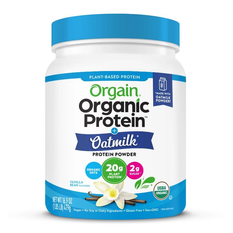 Front of Organic Protein + Oatmilk Plant Based Protein Powder - Vanilla  Flavor in the 1.05lb Canister Size