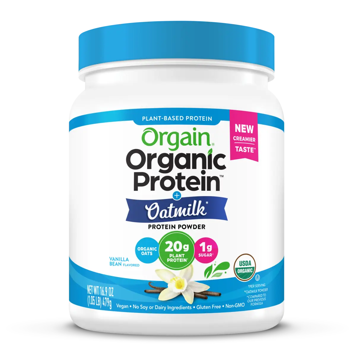 Front of Organic Protein + Oatmilk Plant Based Protein Powder - Vanilla  Flavor in the 1.05lb Canister Size