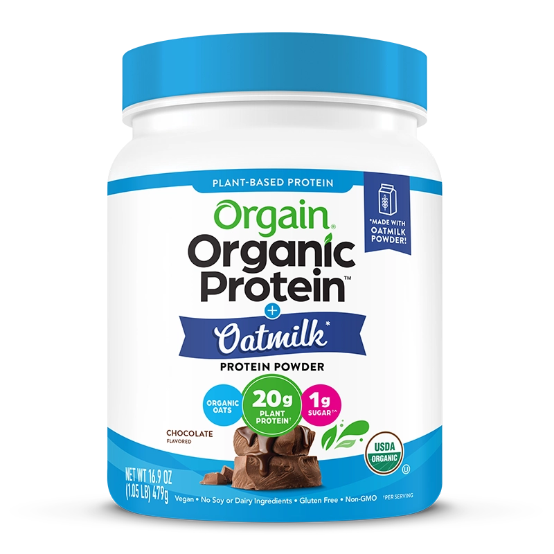 Front of Organic Protein + Oatmilk Plant Based Protein Powder Chocolate Flavor in the 1.05lb Canister Size