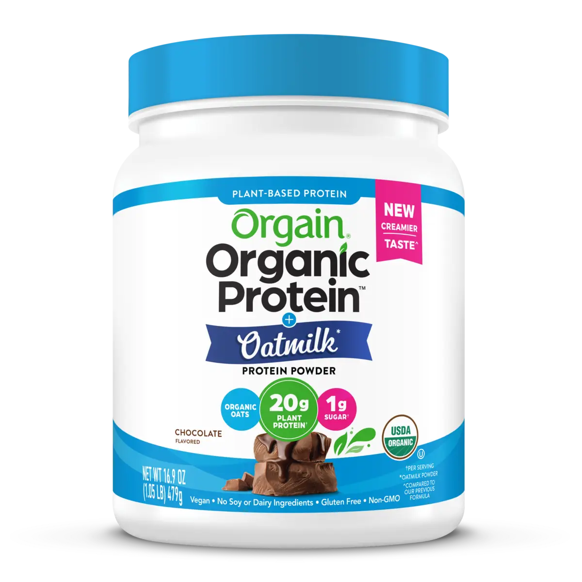 Front of Organic Protein + Oatmilk Plant Based Protein Powder Chocolate Flavor in the 1.05lb Canister Size