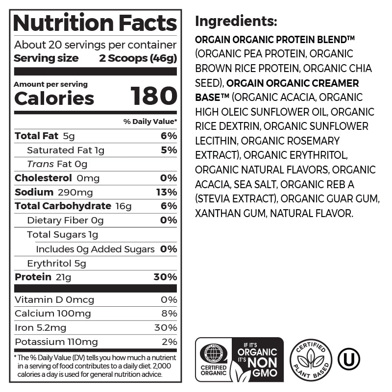 Nutrition fact panel and list of ingredients of Organic Protein Plant Based Protein Powder - Strawberries & Cream  Flavor in the 2.03lb Canister Size