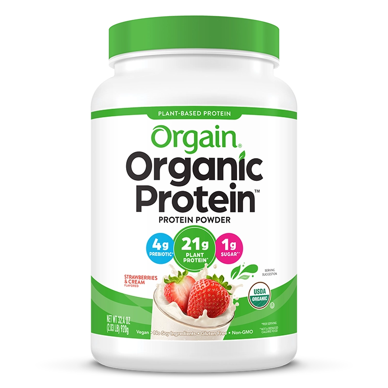 Front of Organic Protein Plant Based Protein Powder - Strawberries & Cream  Flavor in the 2.03lb Canister Size