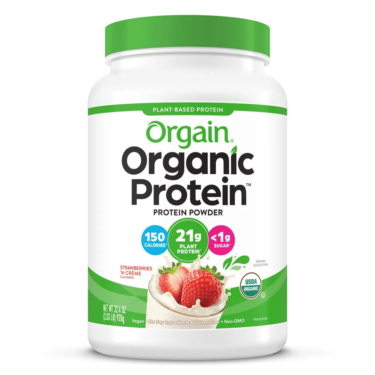 Front of Organic Protein Plant Based Protein Powder - Strawberries & Cream  Flavor in the 2.03lb Canister Size