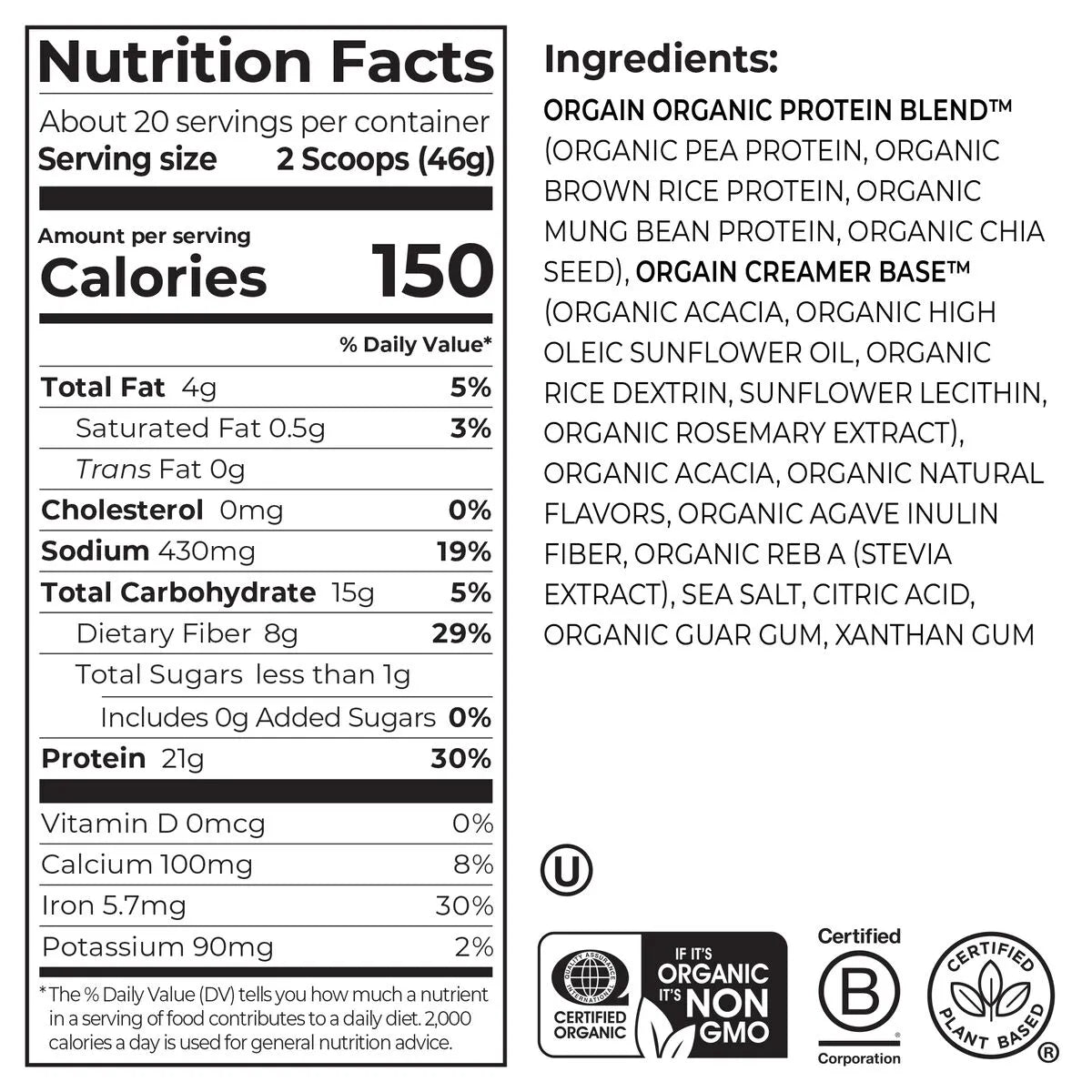 Nutrition fact panel and list of ingredients of Organic Protein Plant Based Protein Powder - Strawberries & Cream  Flavor in the 2.03lb Canister Size
